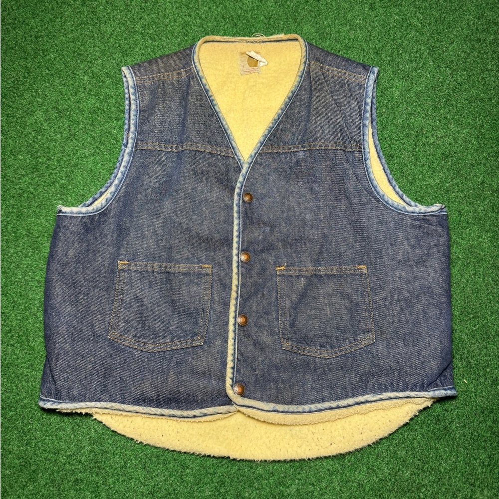 antique 70s Carhartt Sherpa lined denim Jean vest coat jacket made in USA warm